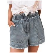 IROINNID Women's Solid Loose Denim Shorts with Pokets Casual Summer Elastic Waist Fringe Jeans